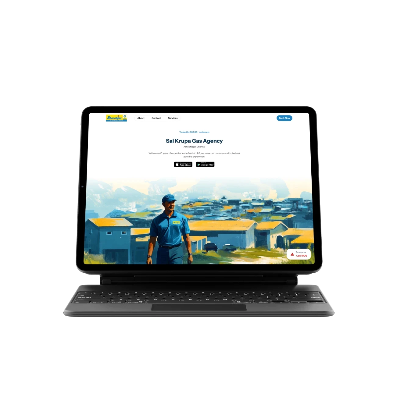 Sai Krupa Gas Agency’s website on a tablet, with a painted delivery agent in the hero