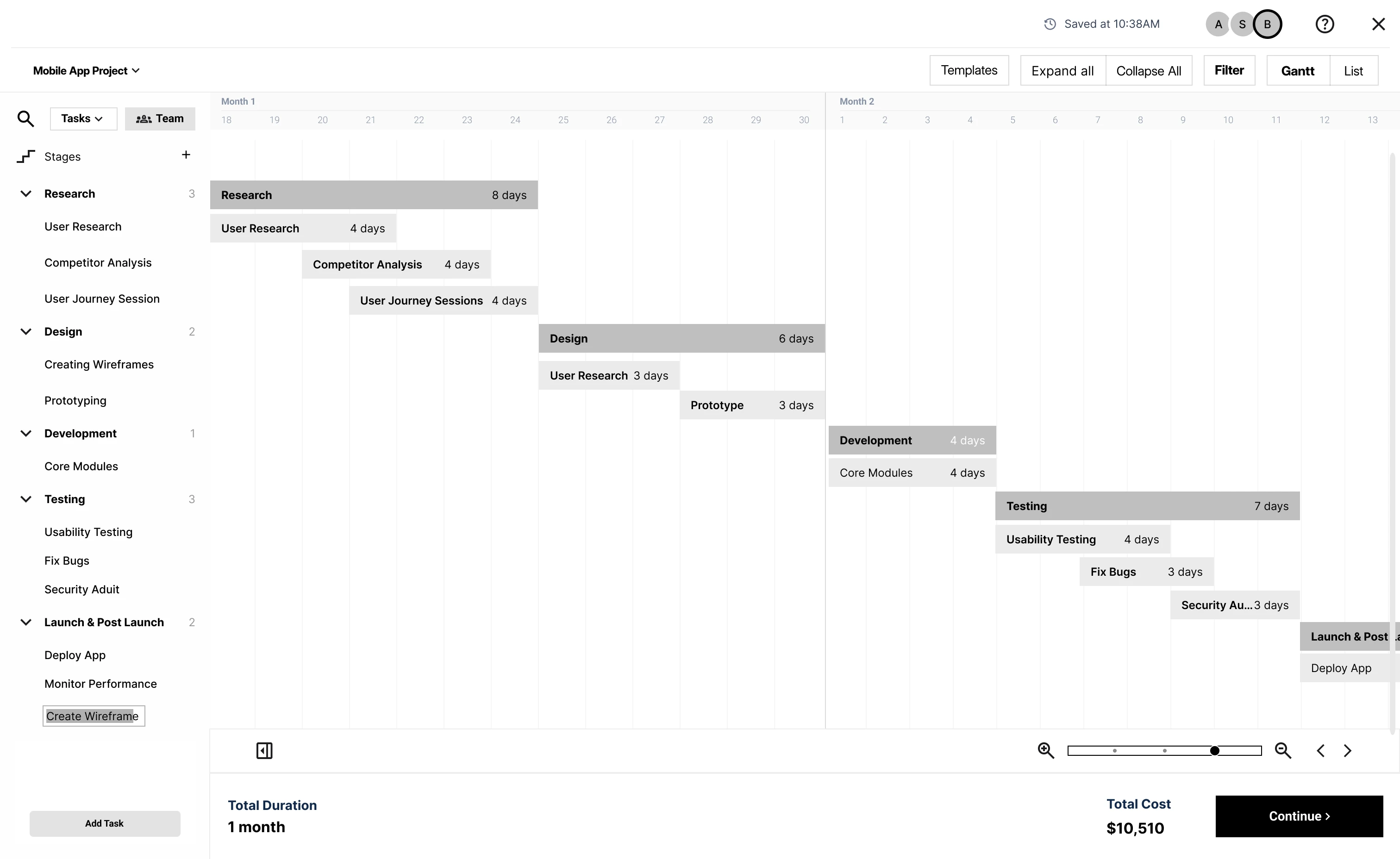 Grayscale wireframe of the Gantt chart with stages, tasks, durations, total duration and total cost