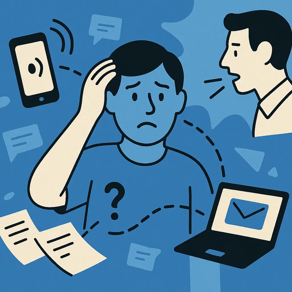 Illustration of a puzzled student as updates arrive by phone, email, paper and word of mouth