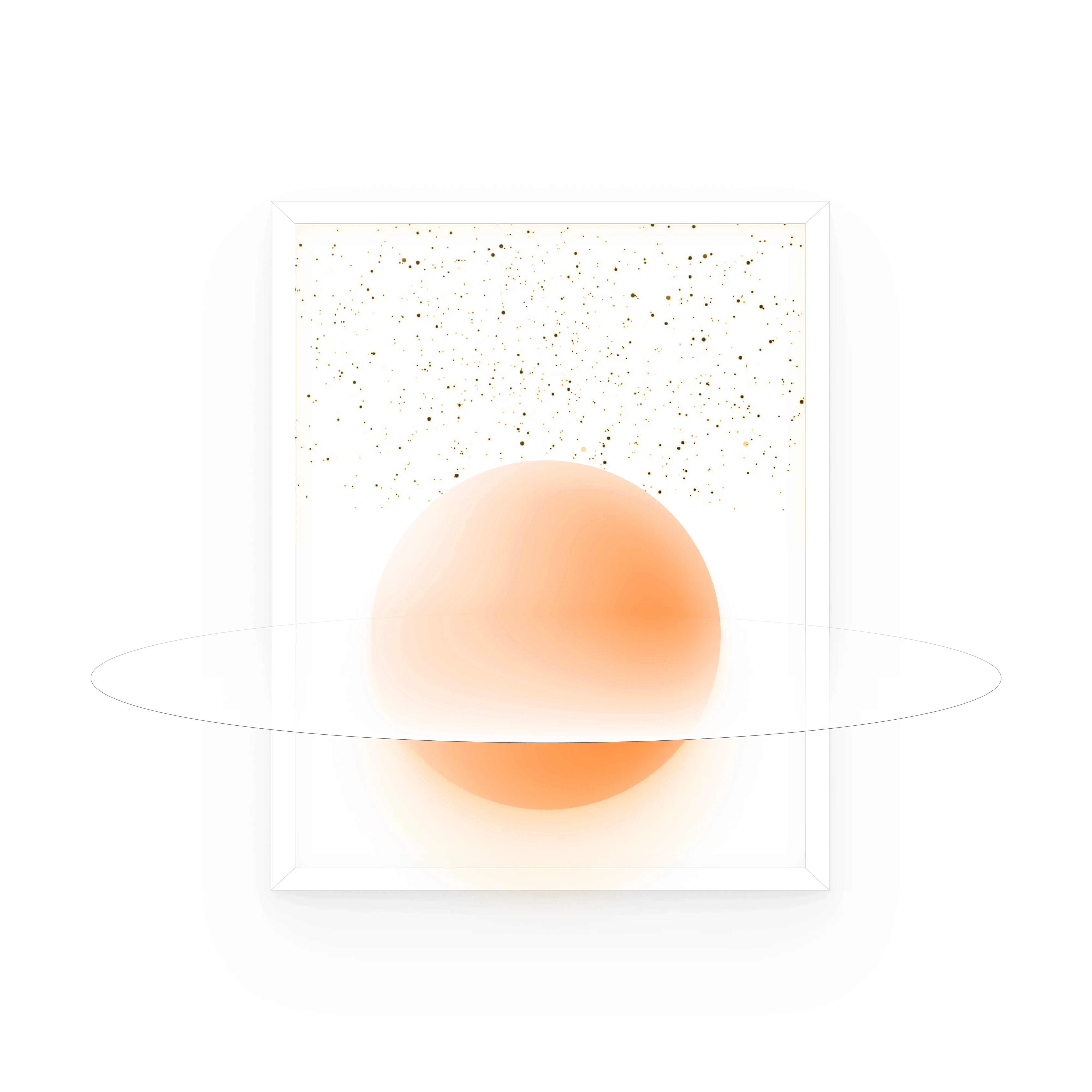 Glowing orange orb circled by a thin ring, on a speckled white print