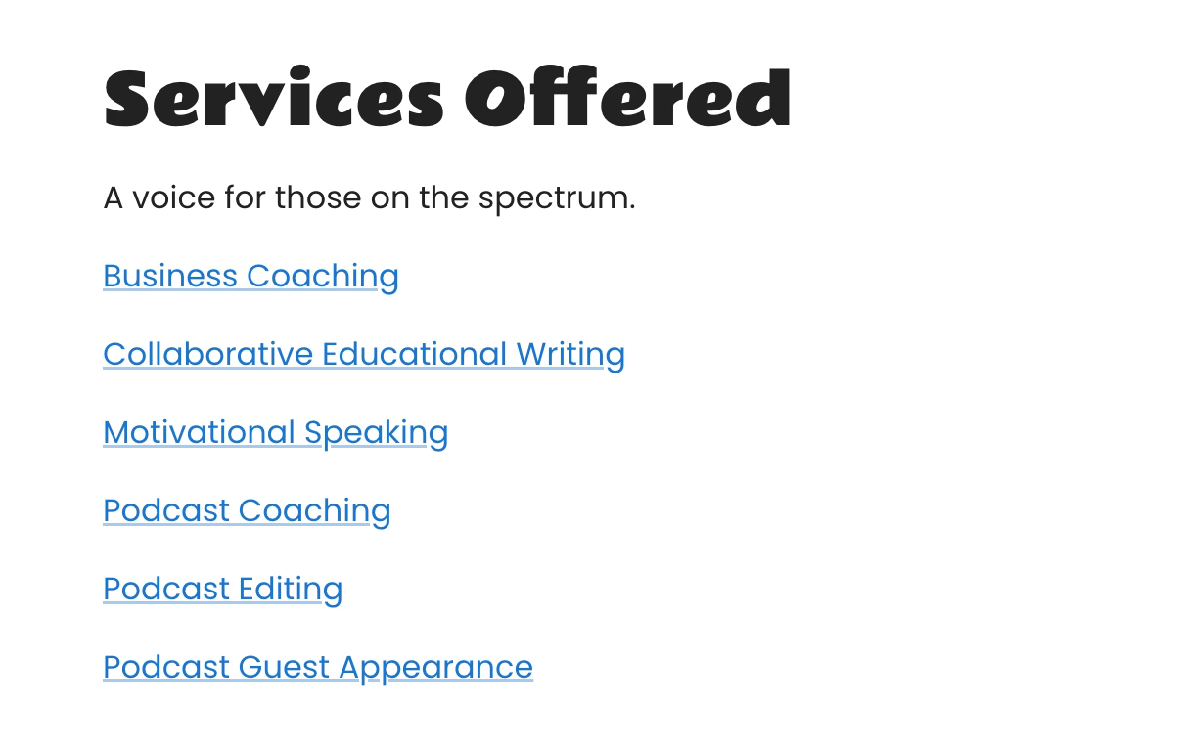 Services offered as a plain list of six underlined links