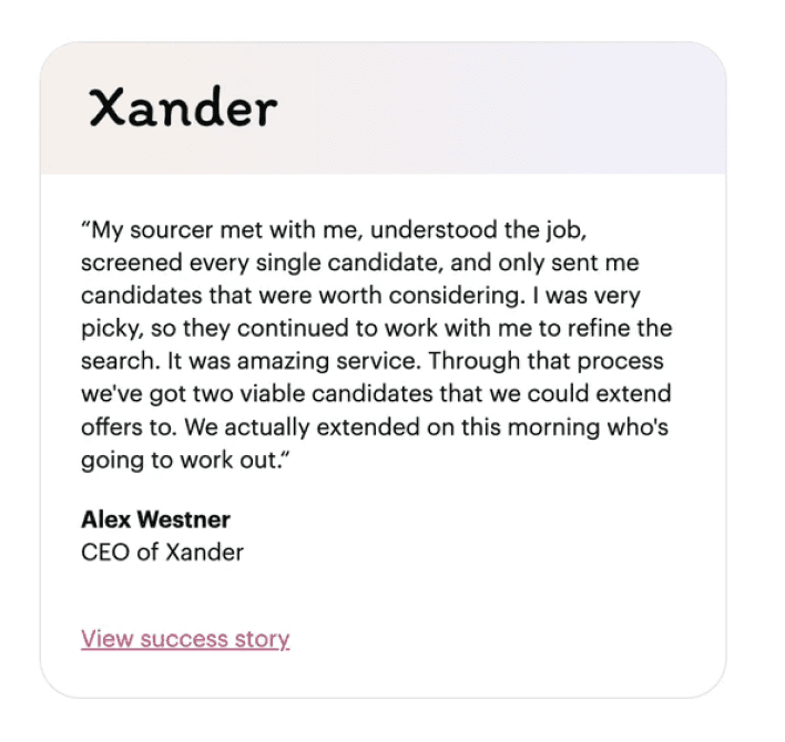 Comparable site's testimonial card with a client quote, name, title and story link