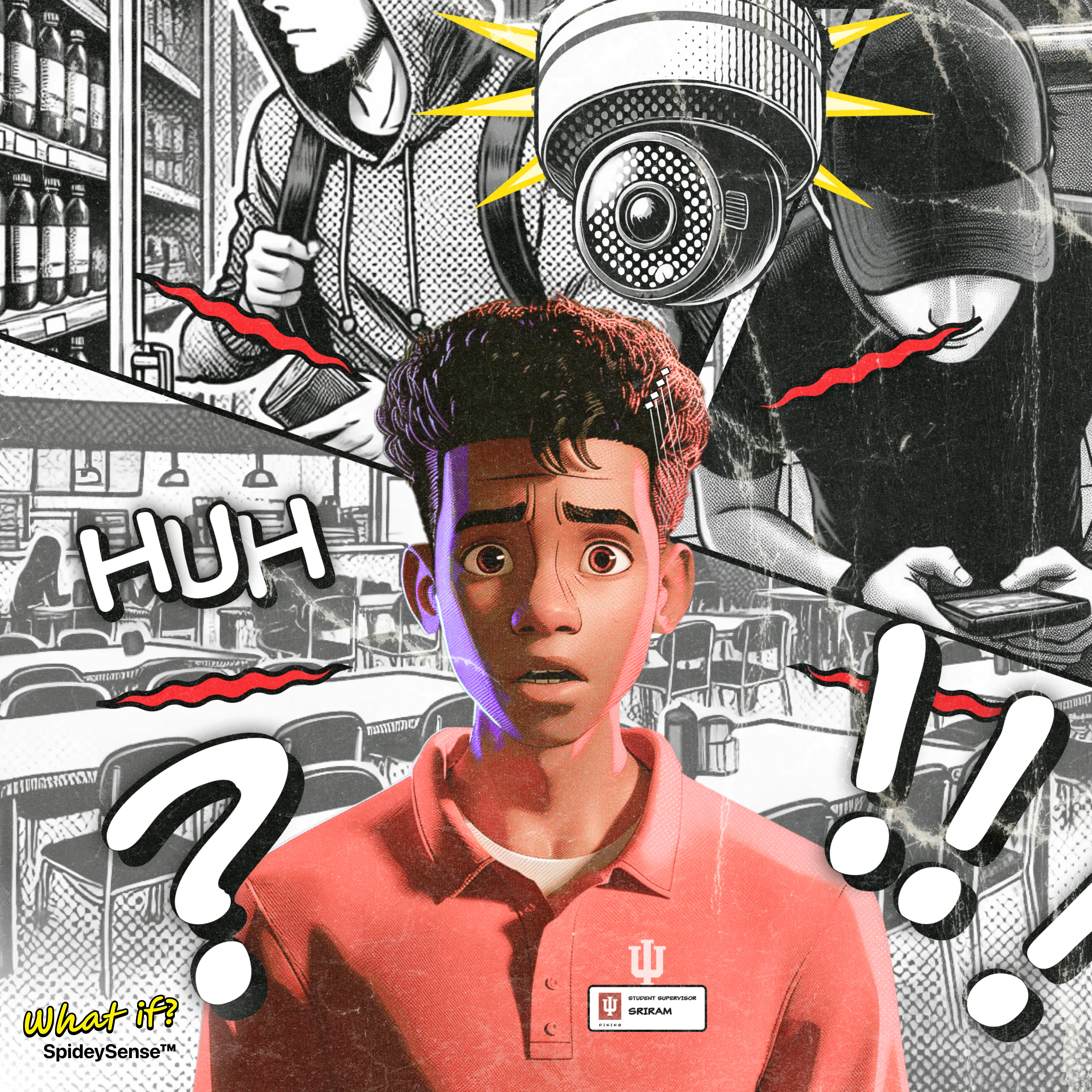 Comic-style collage of a puzzled store supervisor surrounded by security cameras and question marks