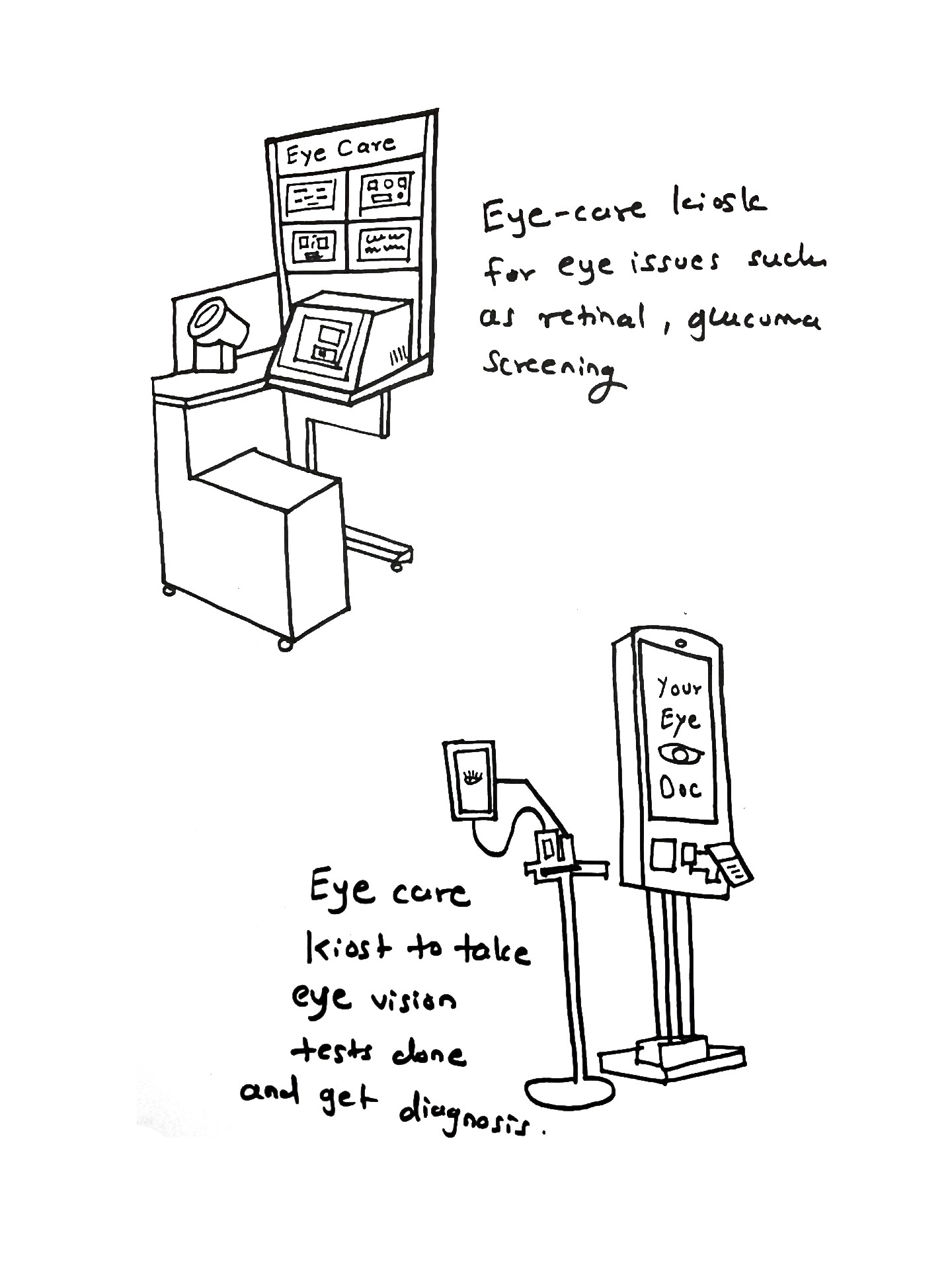 Sketches of an eye screening station and a self-service kiosk for vision tests and diagnosis