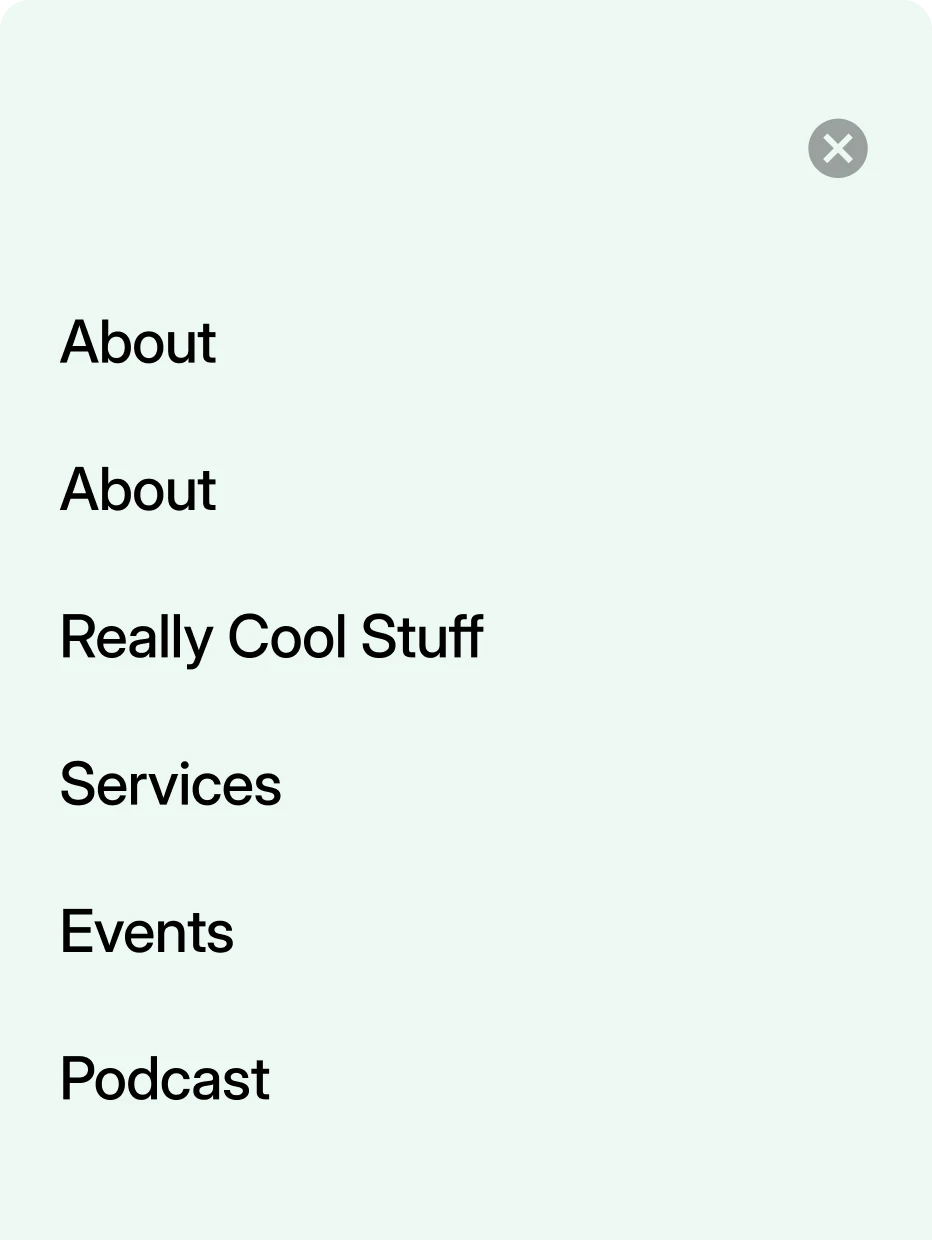 Mobile navigation menu with large page links and a close button