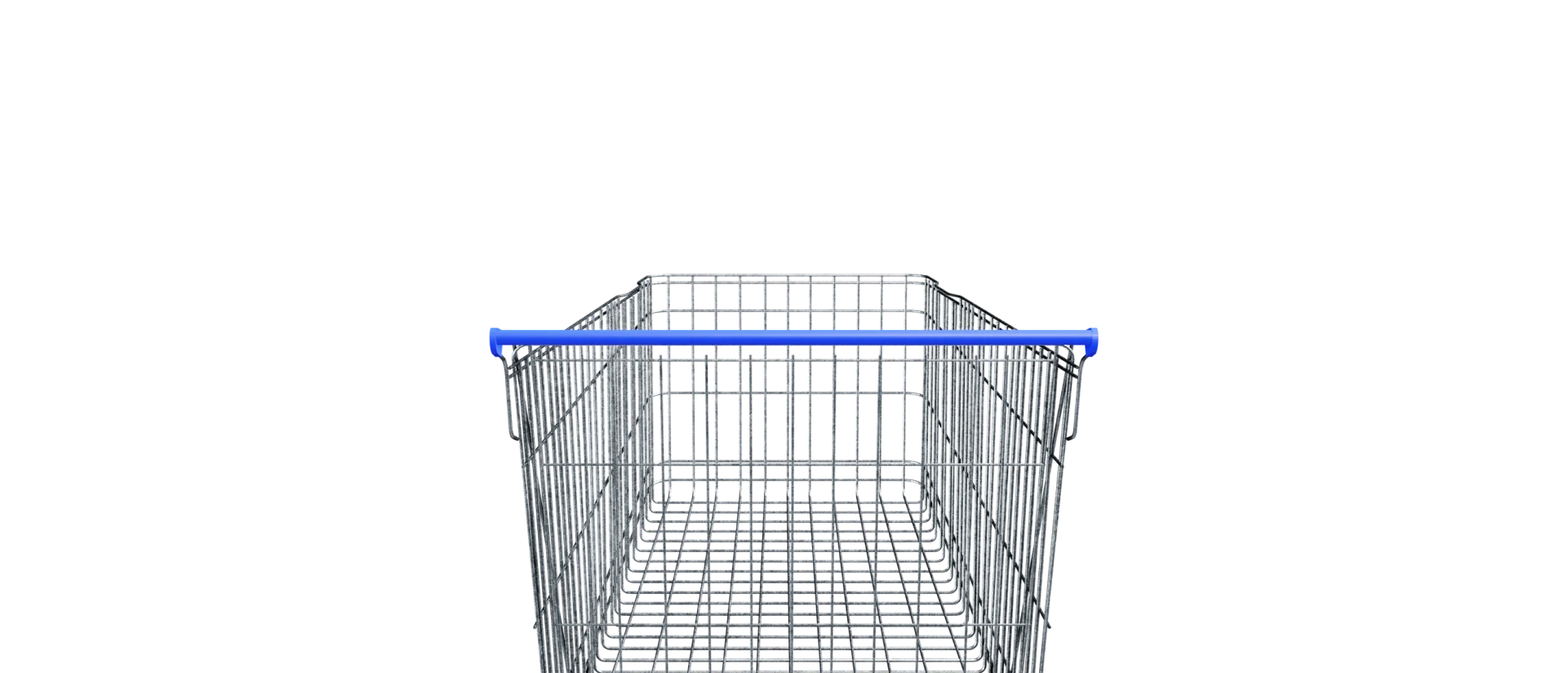 Wire shopping cart with a blue handle, the base for the cart-mounted shopping device