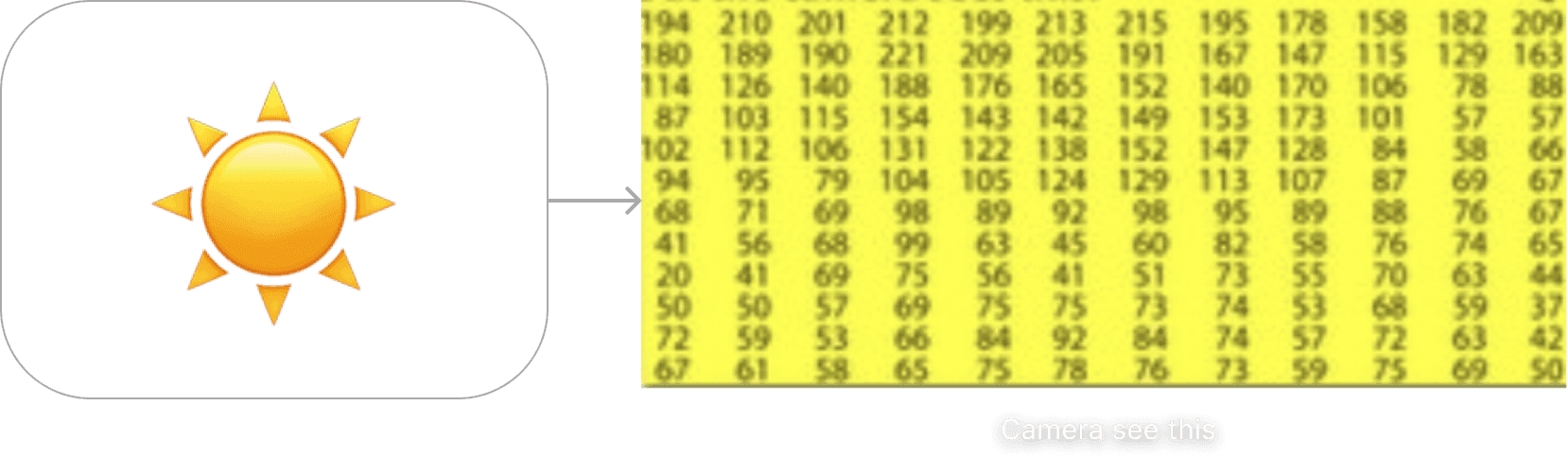 An image of the sun beside the grid of pixel intensity values a camera actually sees