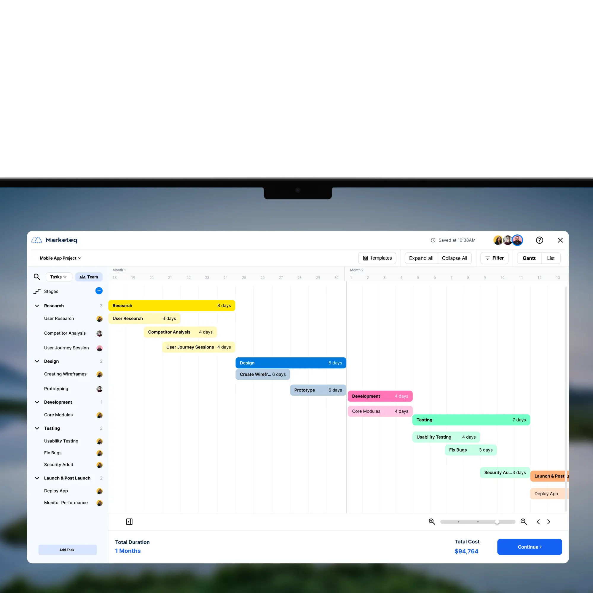 Gantt-style project timeline with color-coded phases and a total cost estimate, on a laptop