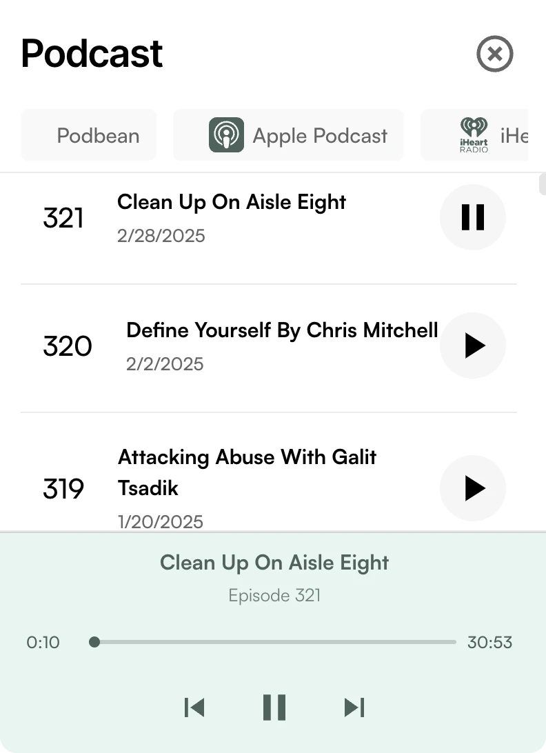 Podcast episode list on a light background with an embedded player for the current episode