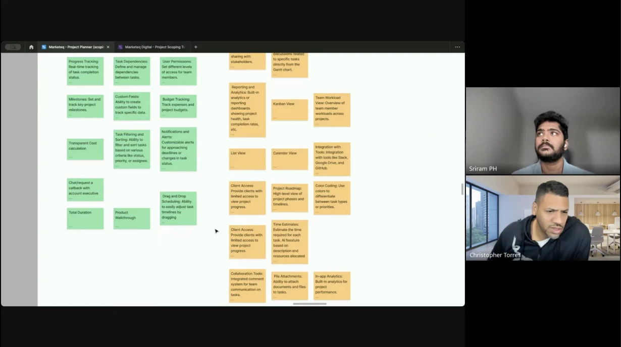 Video call with Christopher Torres over a whiteboard of sticky notes grouping product requirements