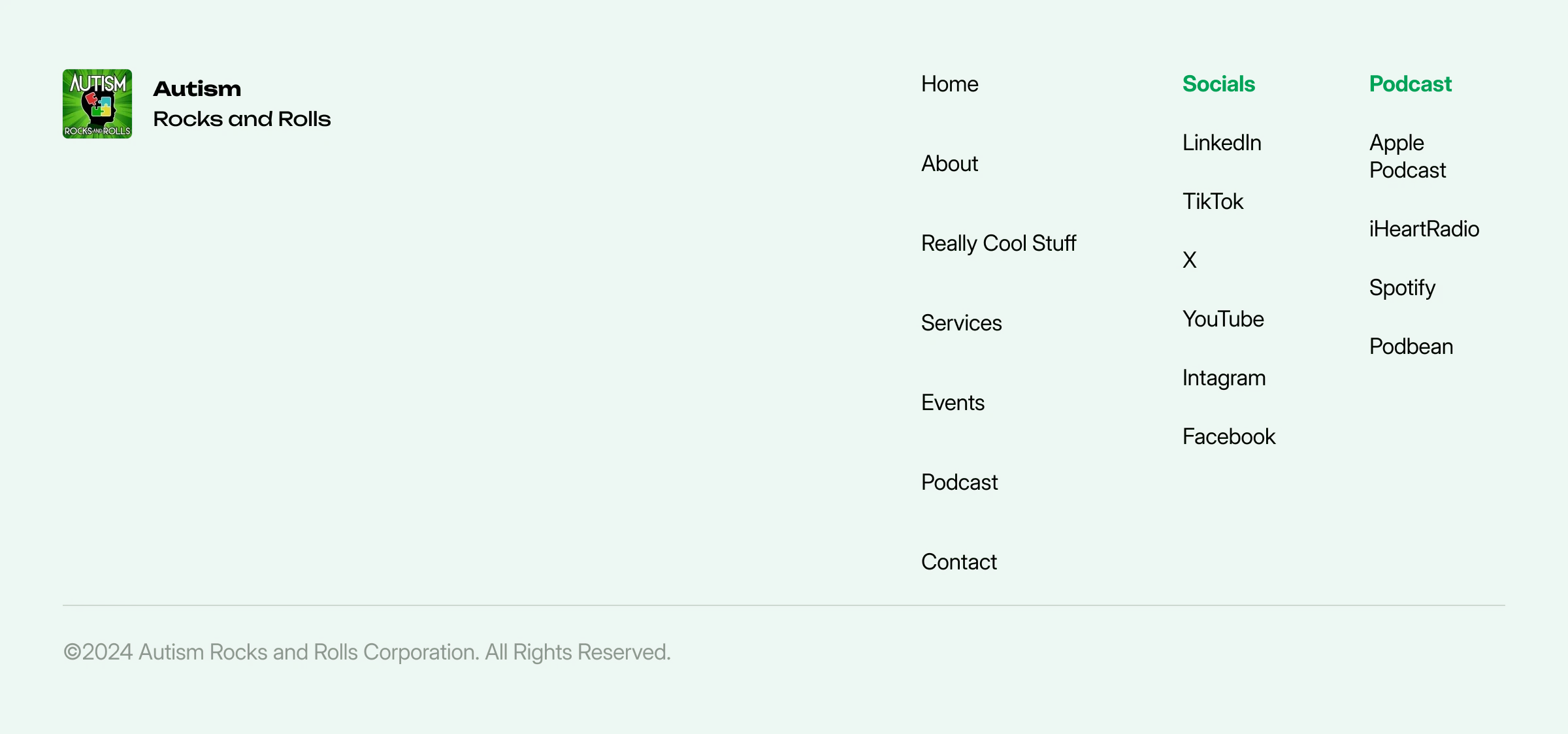 Footer component: green band with the logo, page links, social links and podcast platforms