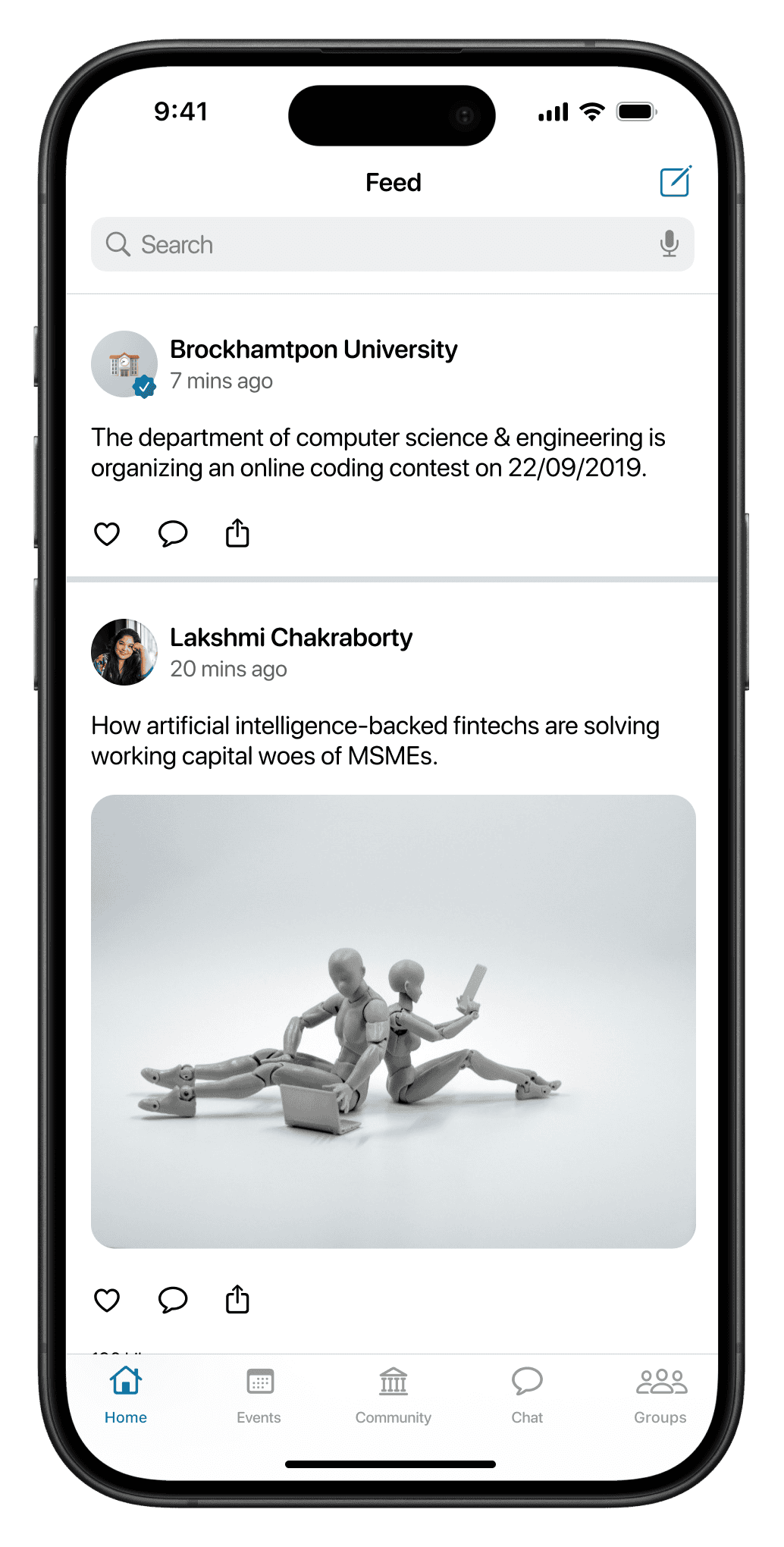 Screen: the home feed of posts from groups and people