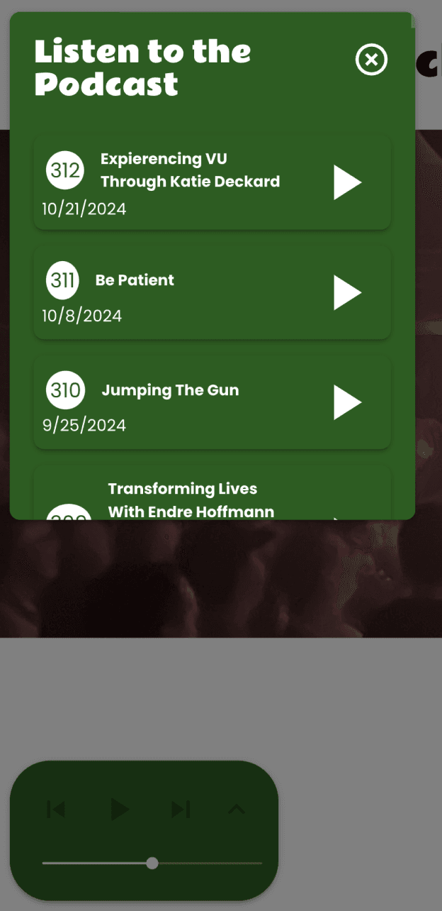 Old podcast pop-up listing episodes in a dark green panel over the page