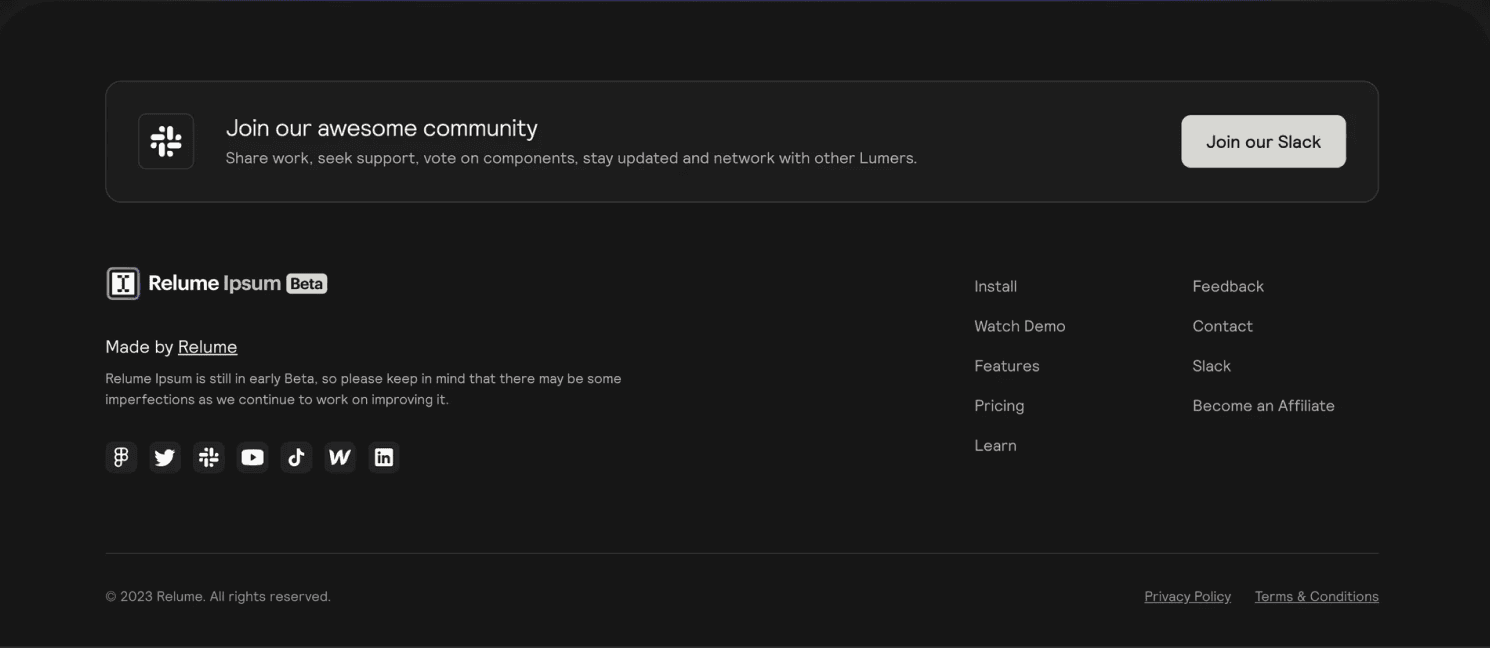 Comparable site's dark footer with a community prompt, link columns and social icons