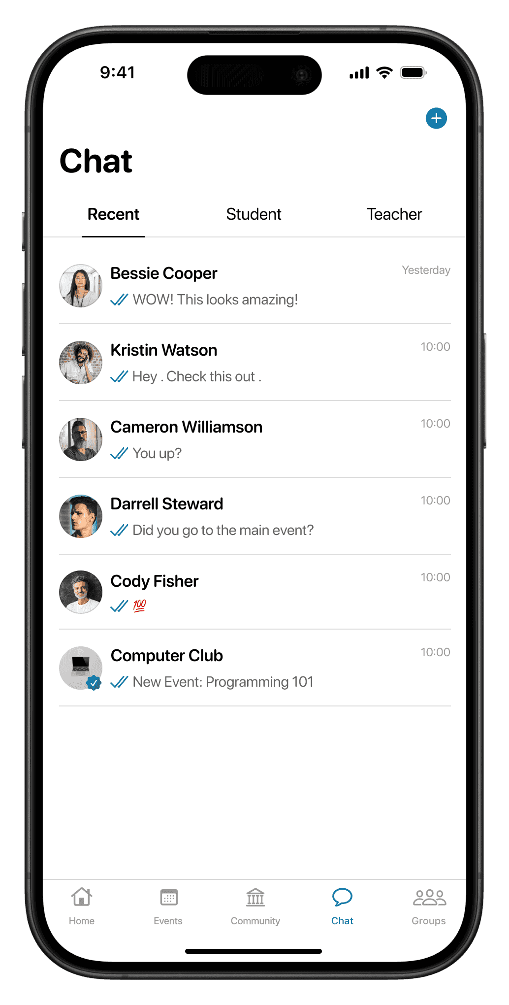 Screen: chat with recent conversations, split by students and teachers