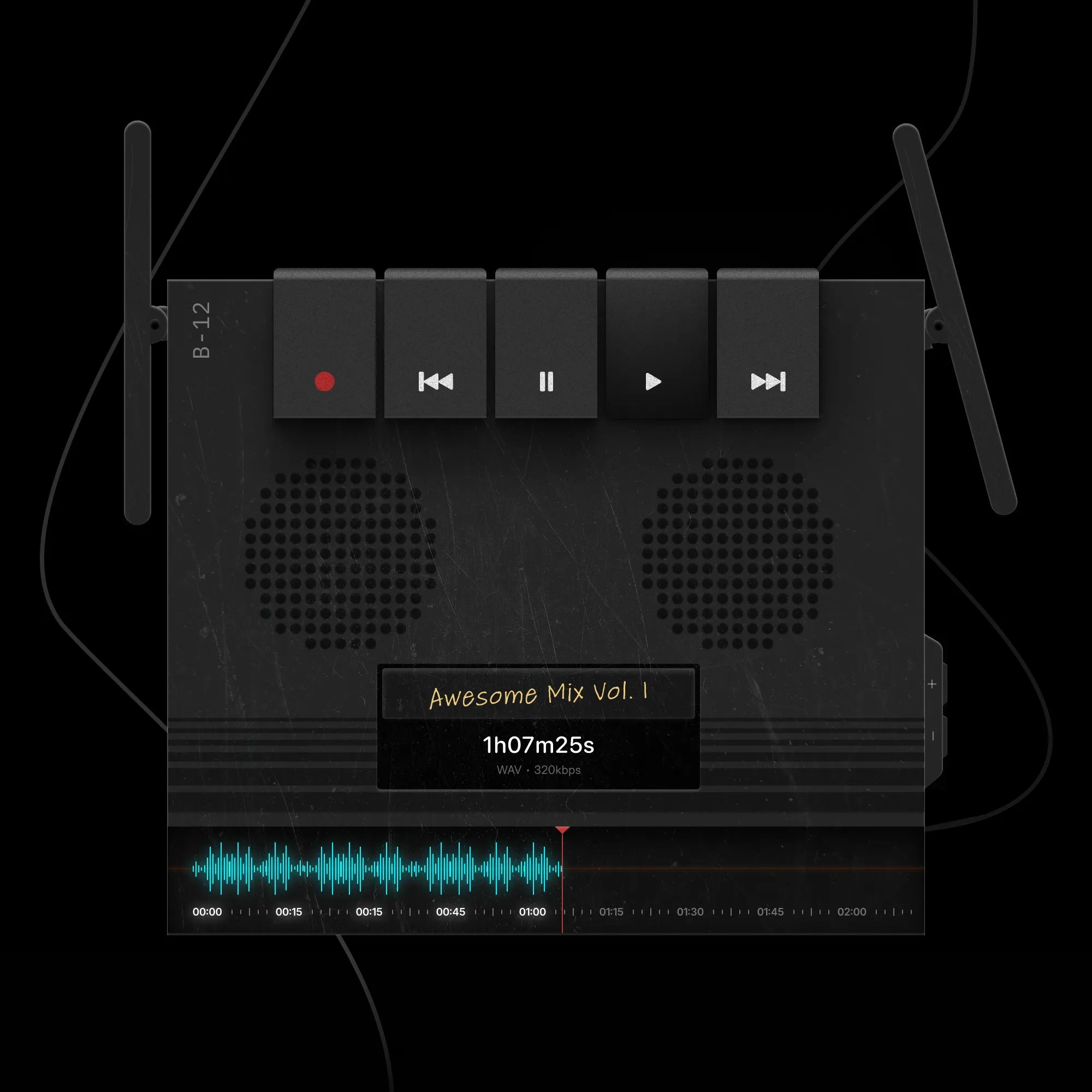 Dark music player with tape-deck transport keys, twin speaker grilles and a waveform for a mix