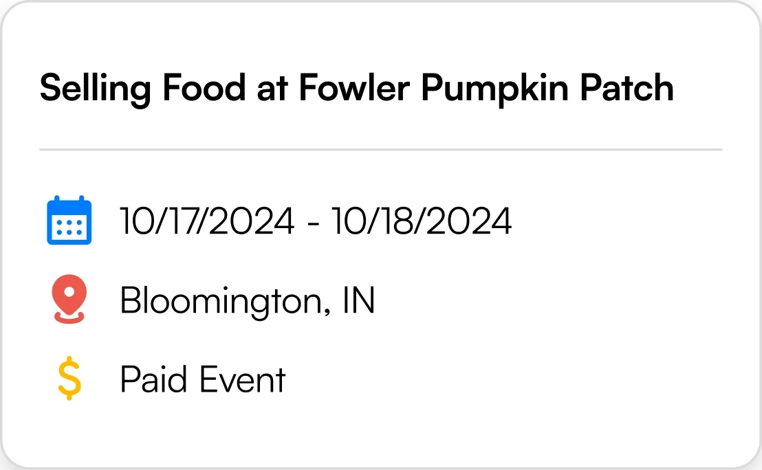 Event card with date range, location and paid event rows, each marked by an icon