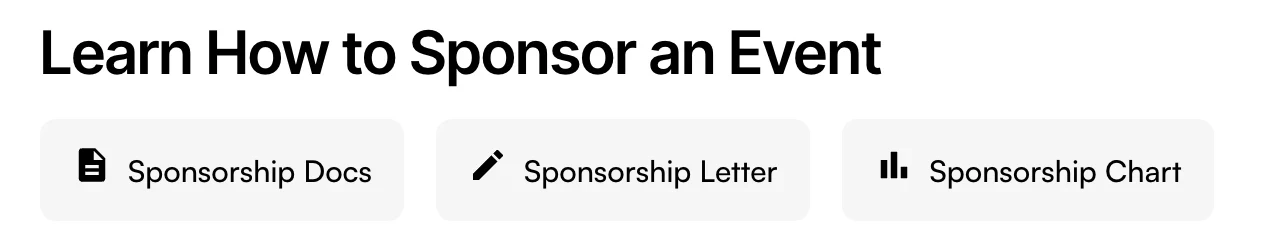 Event sponsorship resources as three buttons with document, pen and chart icons