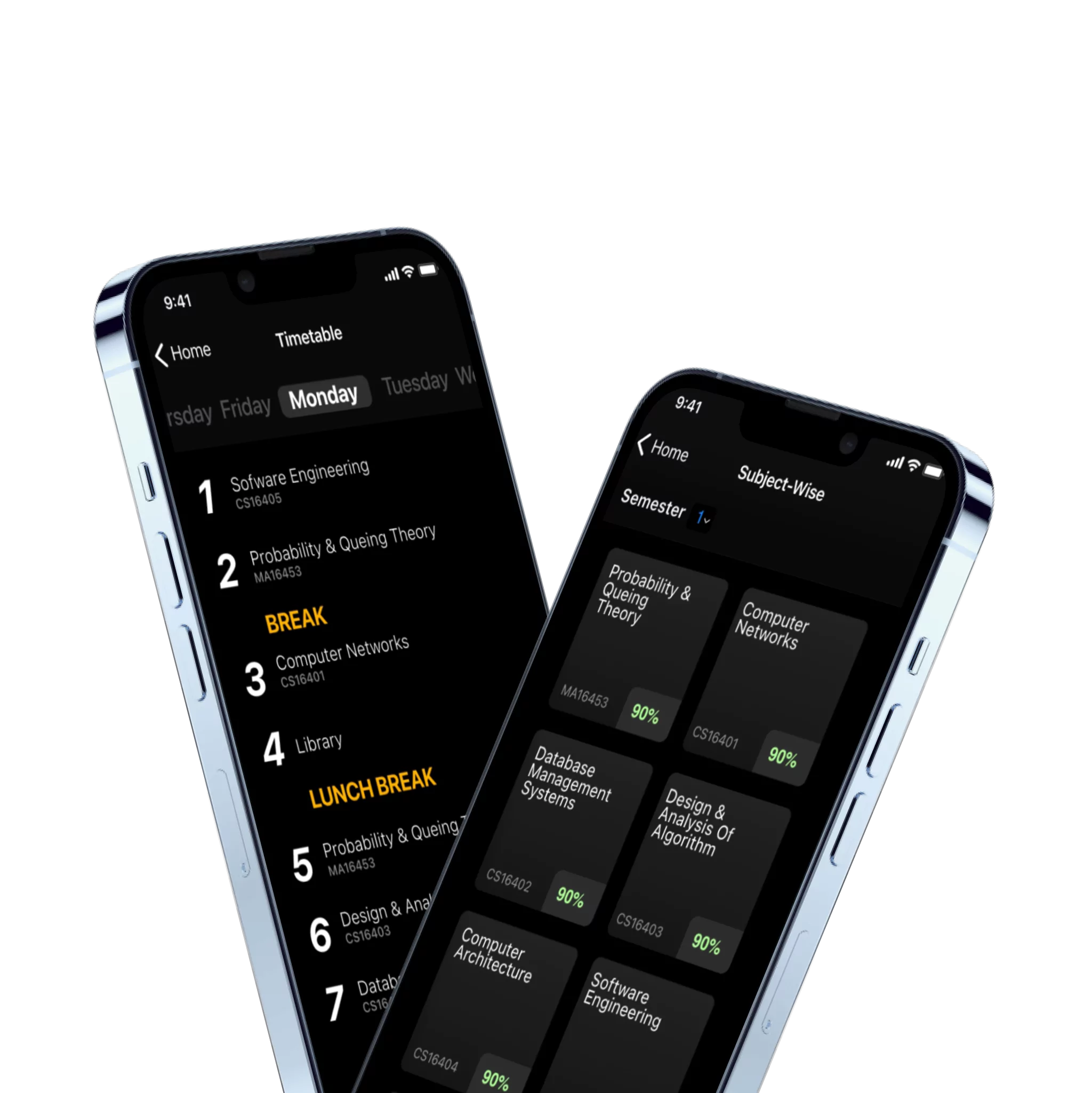 Two phones in dark mode showing a student’s daily timetable and semester subjects with attendance