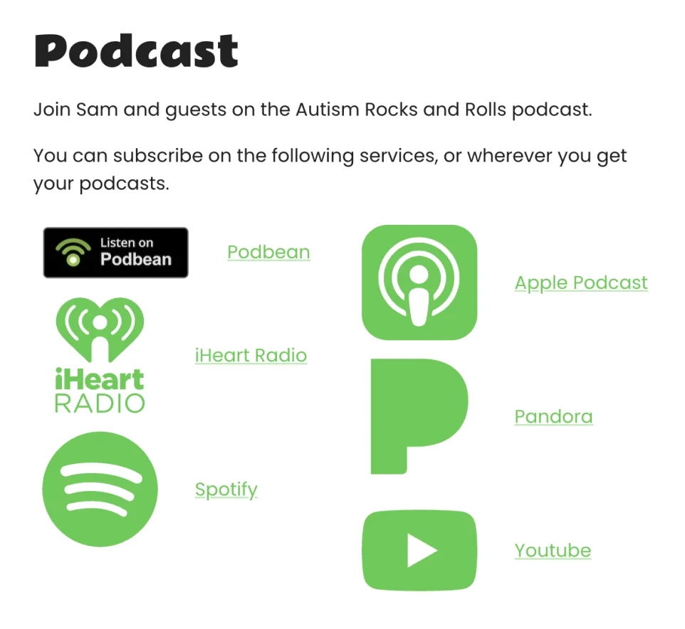 Podcast section listing six listening services as large icons and text links
