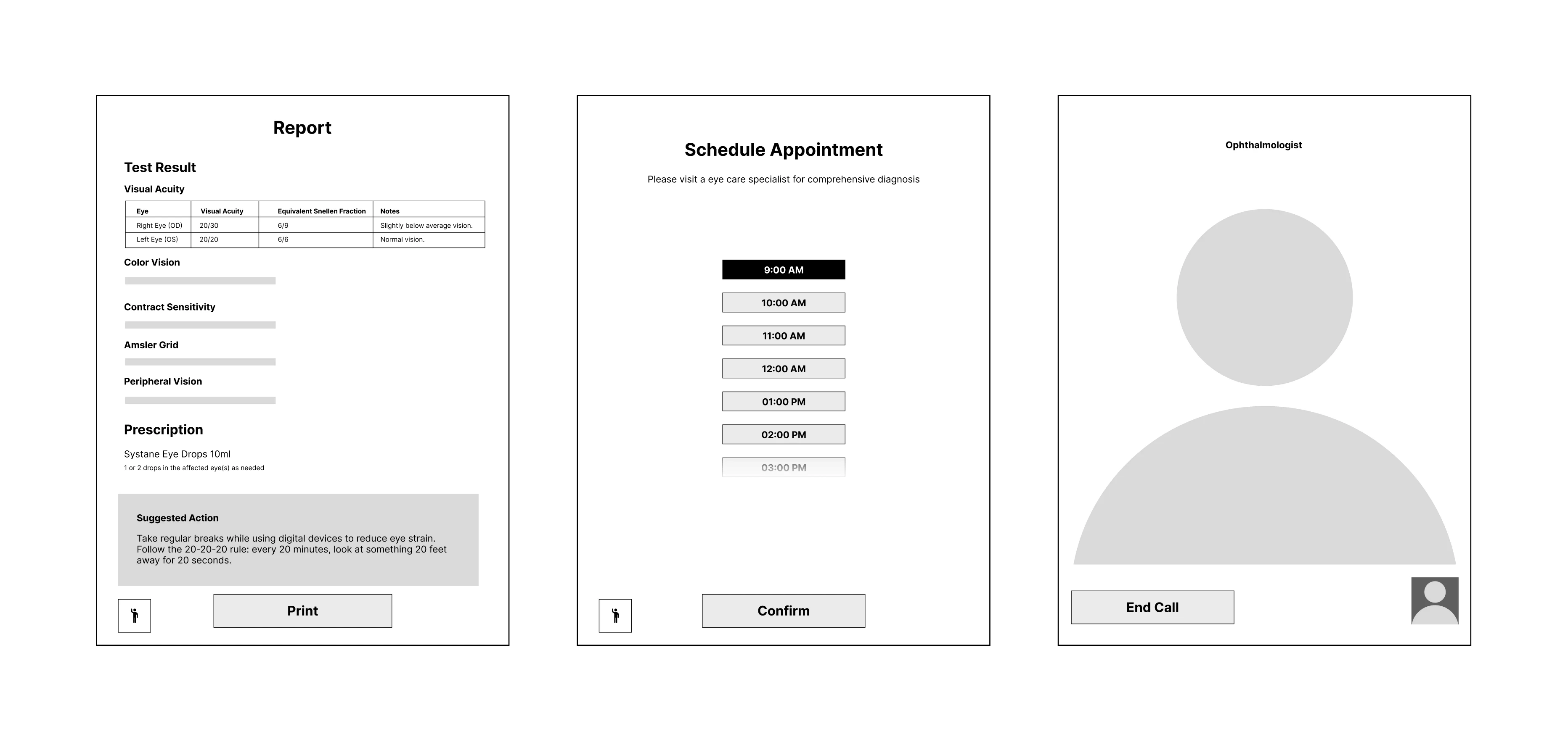 Test report with a suggested action, an appointment time picker and a video call with an ophthalmologist