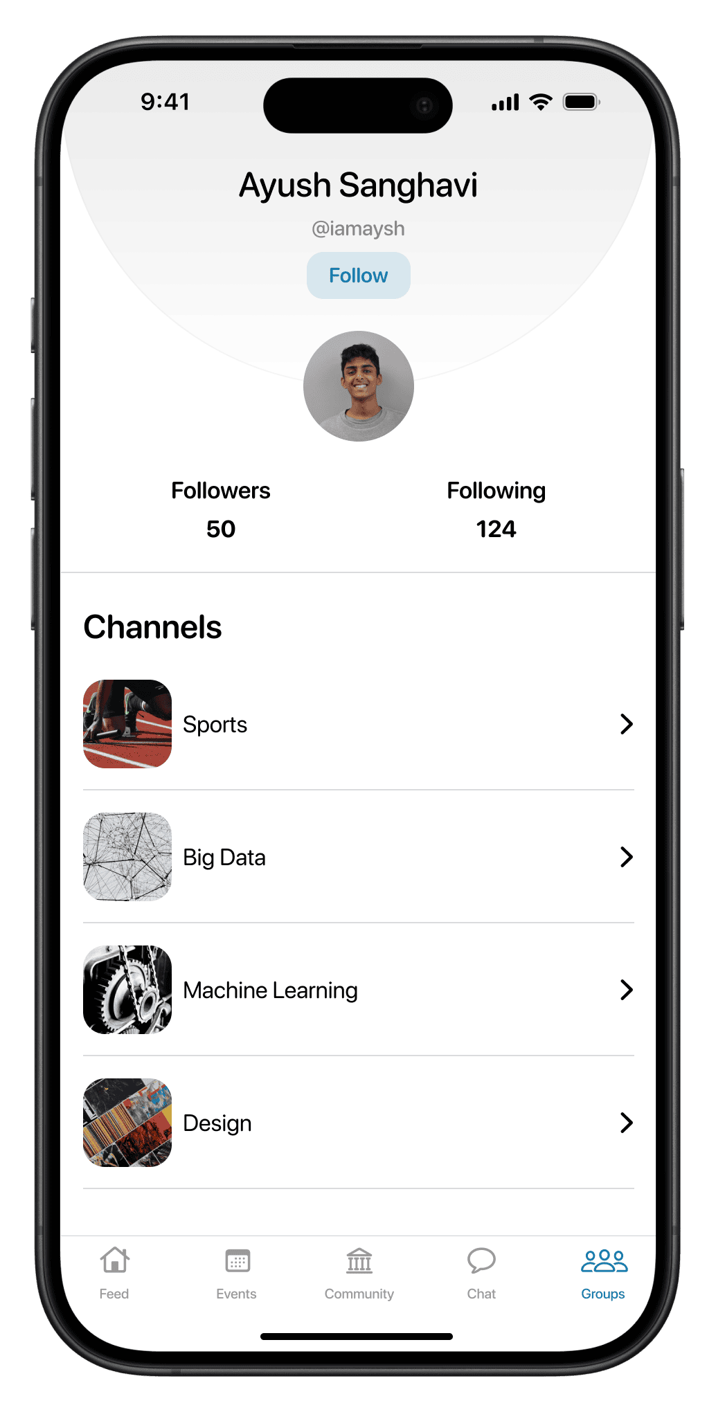 Screen: a profile with followers and the channels it follows