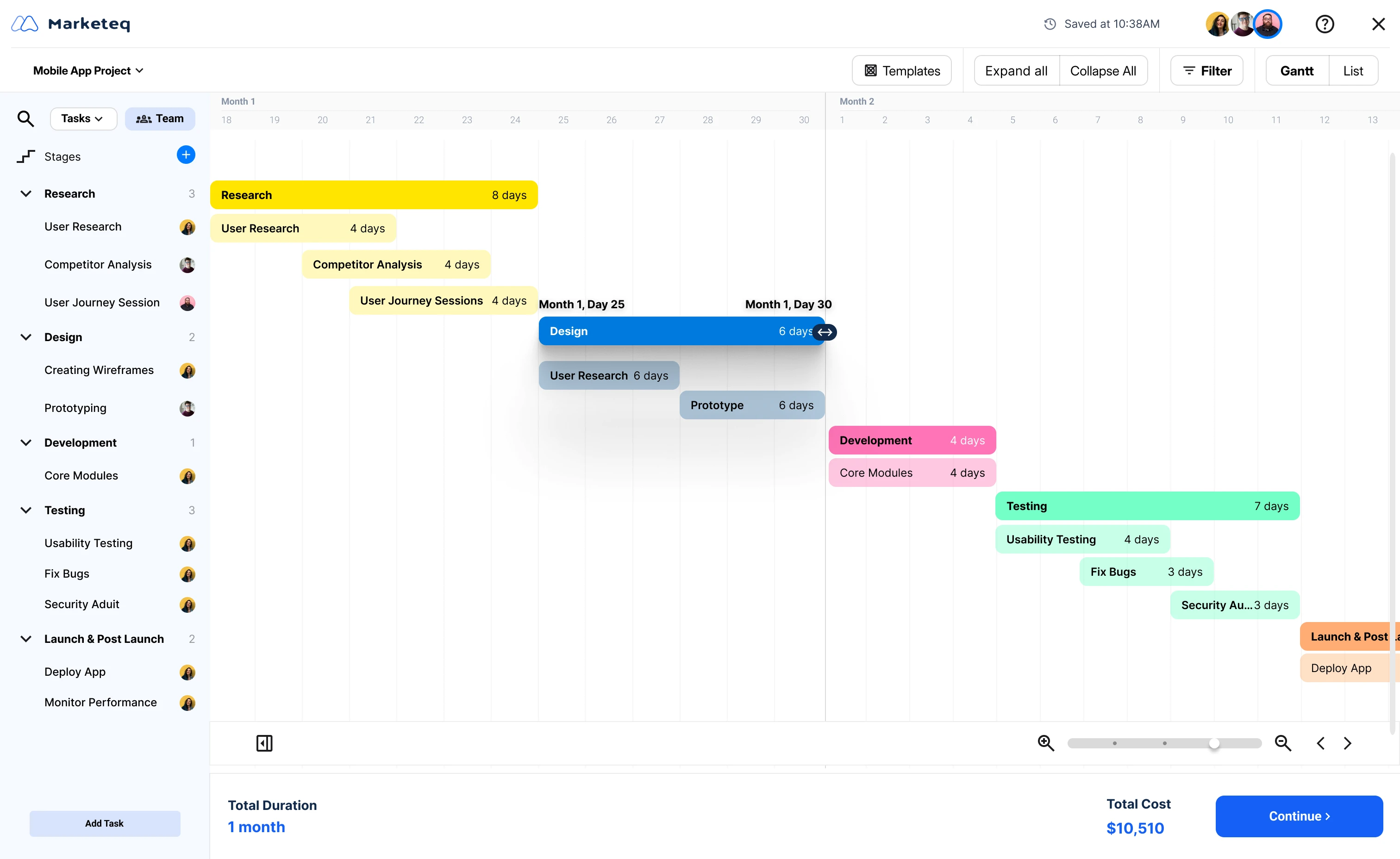 High-fidelity Gantt chart with color-coded project stages, task durations, total duration and total cost