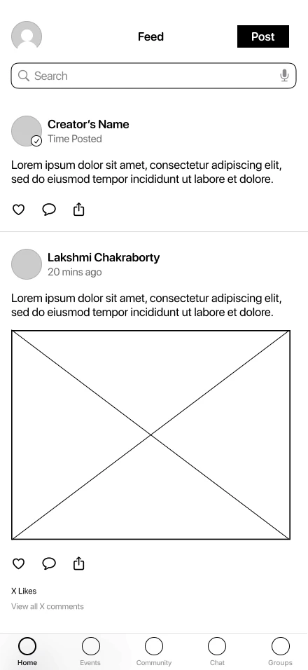 Wireframe: the home feed of posts from groups and people