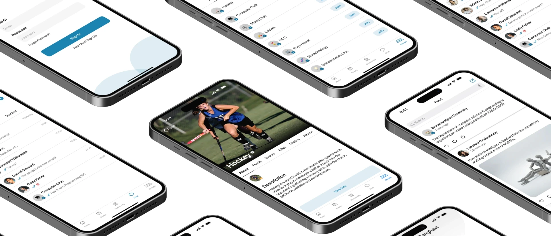 Grades app screens on iPhones: sign-in, groups, a hockey club page, the feed and chat