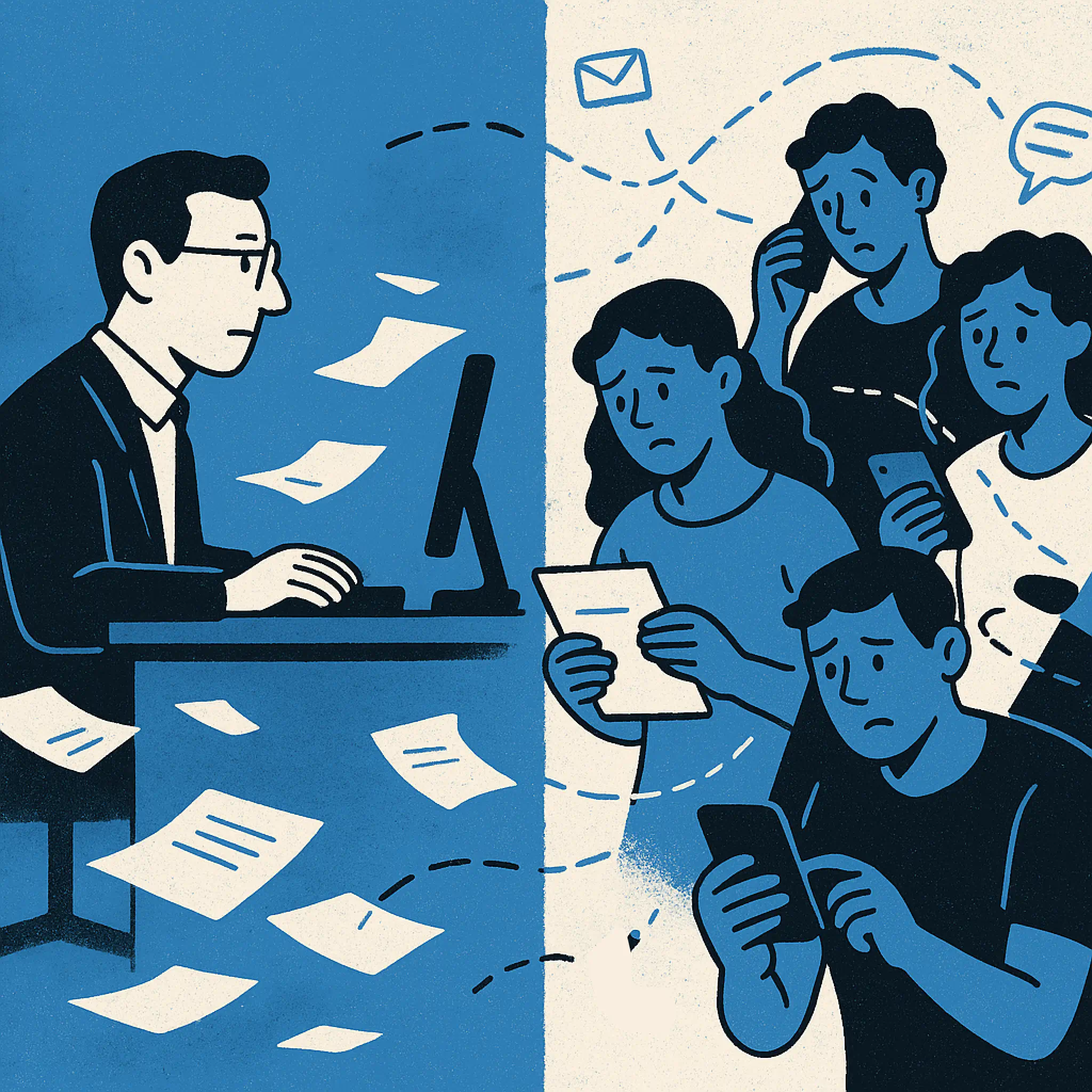 Illustration of a professor at his desk amid scattered papers while students puzzle over notes and phones