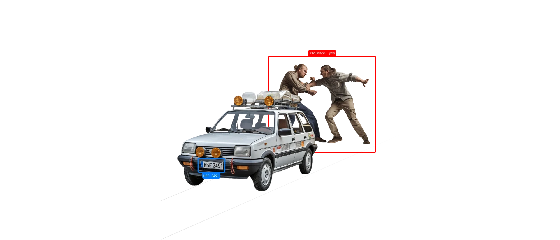 Car on a road with a person beside it outlined by a red detection box