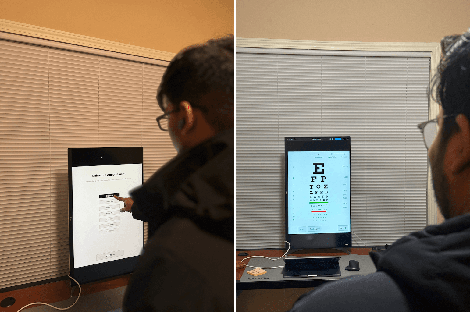 Participants testing the kiosk prototype on a vertical monitor, scheduling an appointment and reading an eye chart