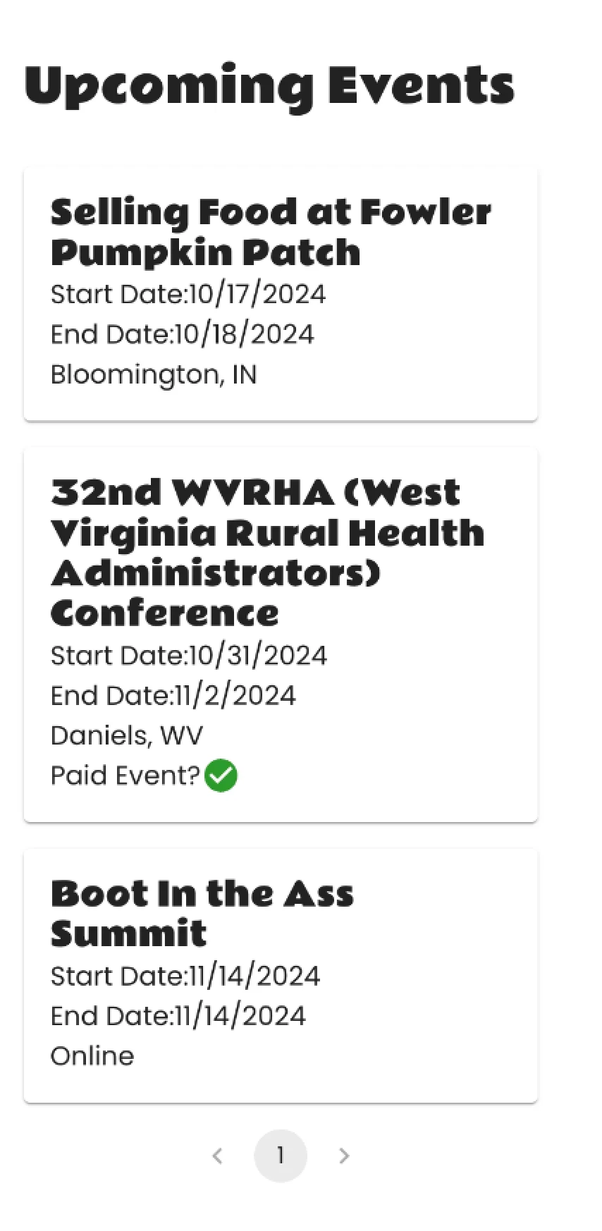 Upcoming events in dense bold text with plain start and end dates