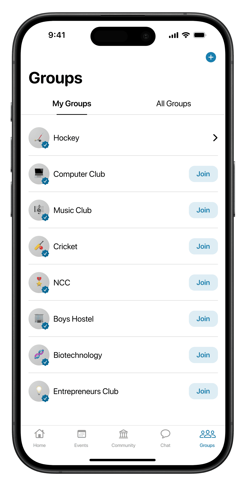 Screen: my groups, with buttons to join others