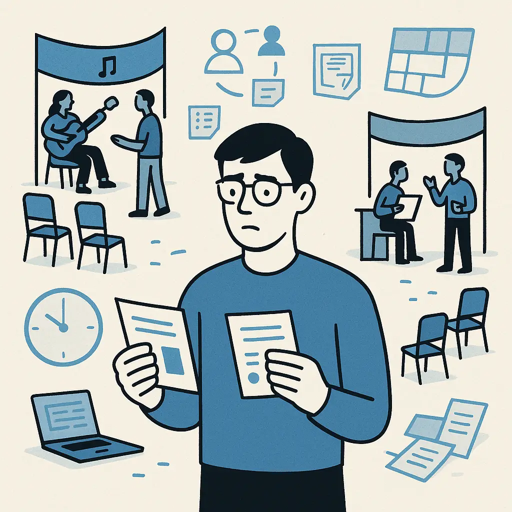 Illustration of a confused student holding flyers among overlapping club events and empty chairs