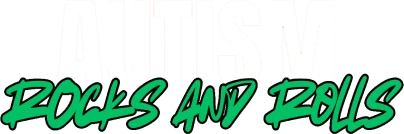 Autism Rocks and Rolls logo: bold white lettering over green brush script