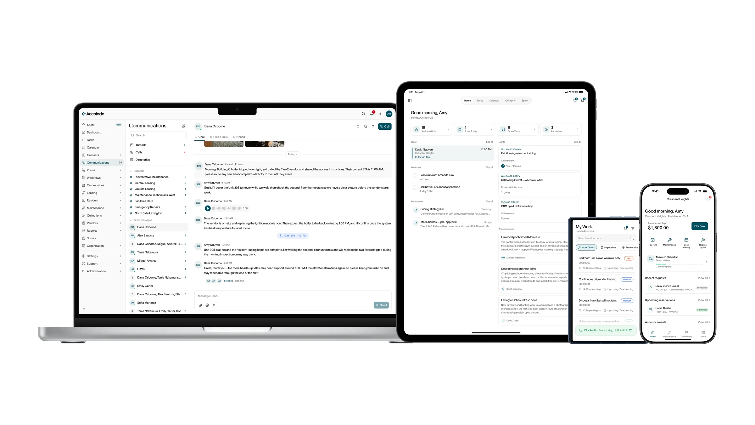 Accolade on a laptop, tablet and two phones: team chat, a daily overview, work orders and a resident app