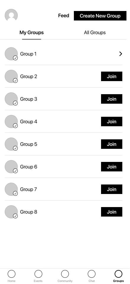 Wireframe: my groups, with buttons to join others