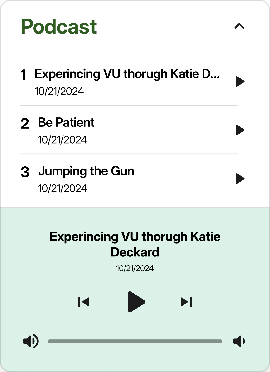Podcast player component: numbered episode list above now-playing and volume controls