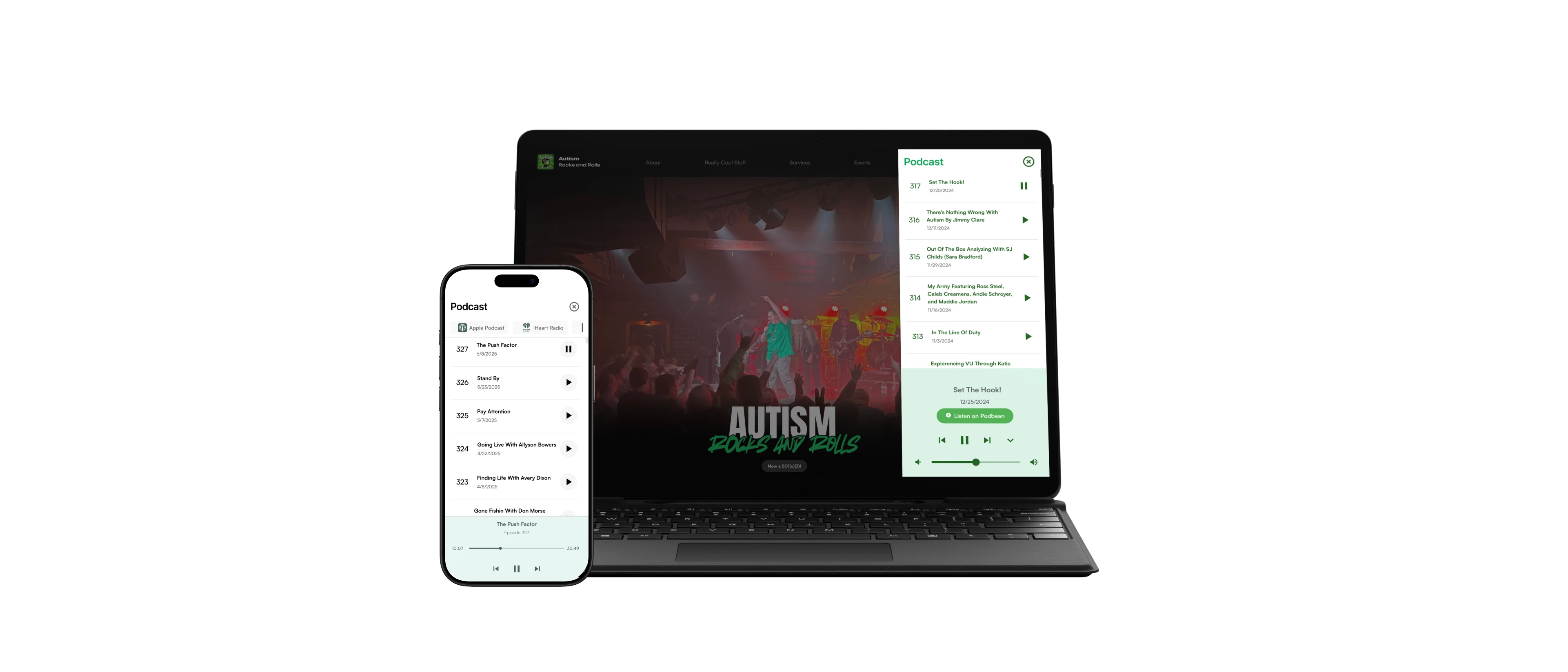 Redesigned Autism Rocks and Rolls site on a tablet and phone, open to the podcast page and player