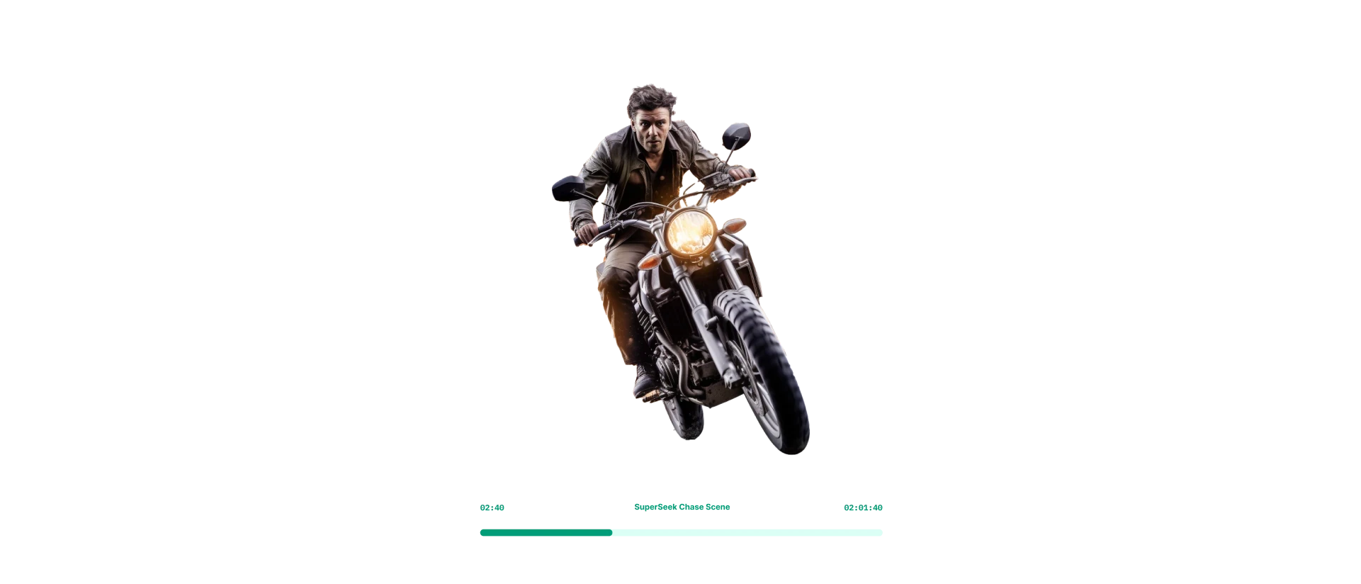 Motorcyclist cut out from a video frame above a playback progress bar