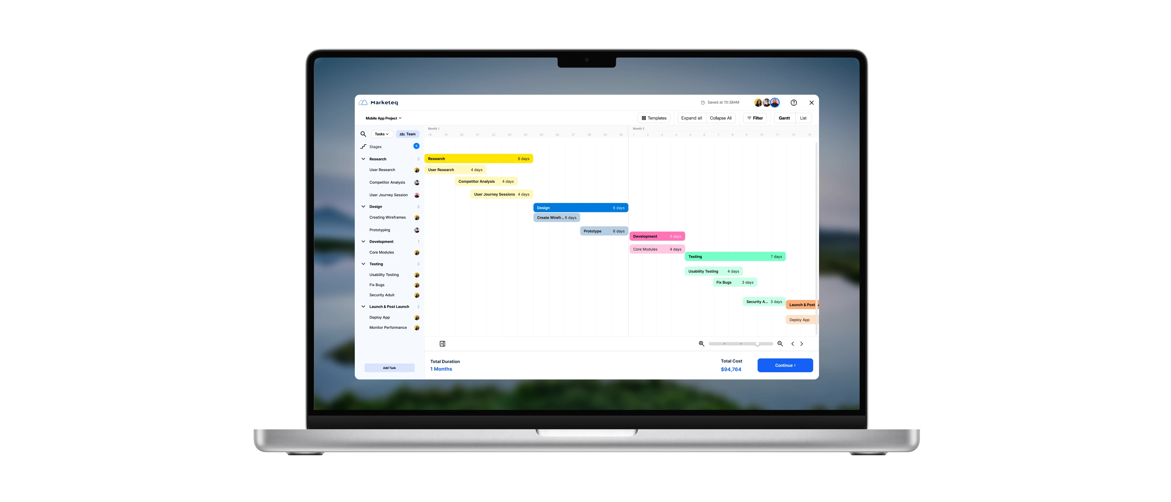 Project scoping tool on a laptop, showing a project timeline as a color-coded Gantt chart