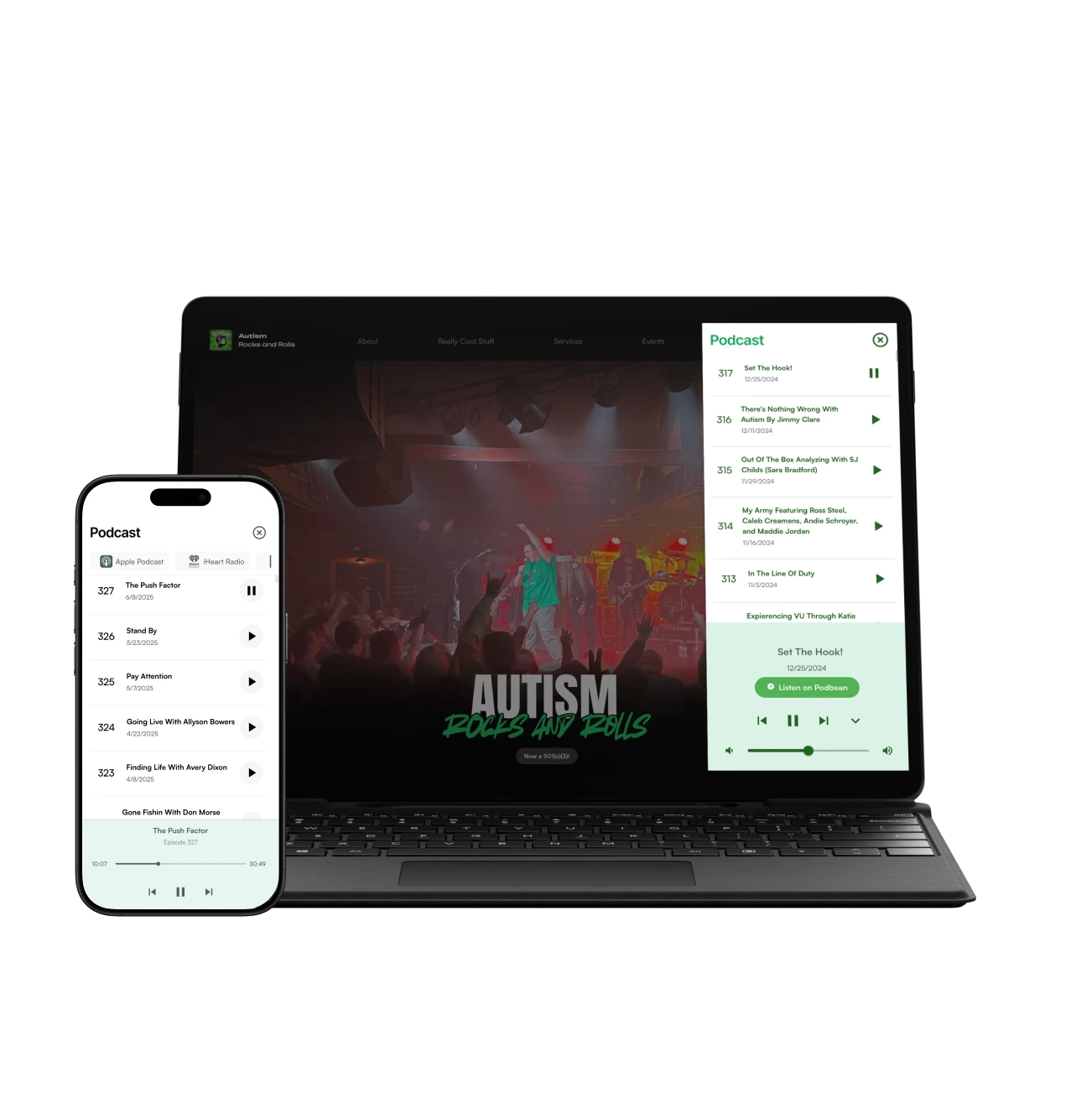 Redesigned Autism Rocks and Rolls website on a laptop and phone, open to its podcast page