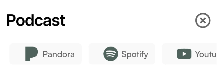 Podcast section with the listening services as a compact row of labeled buttons