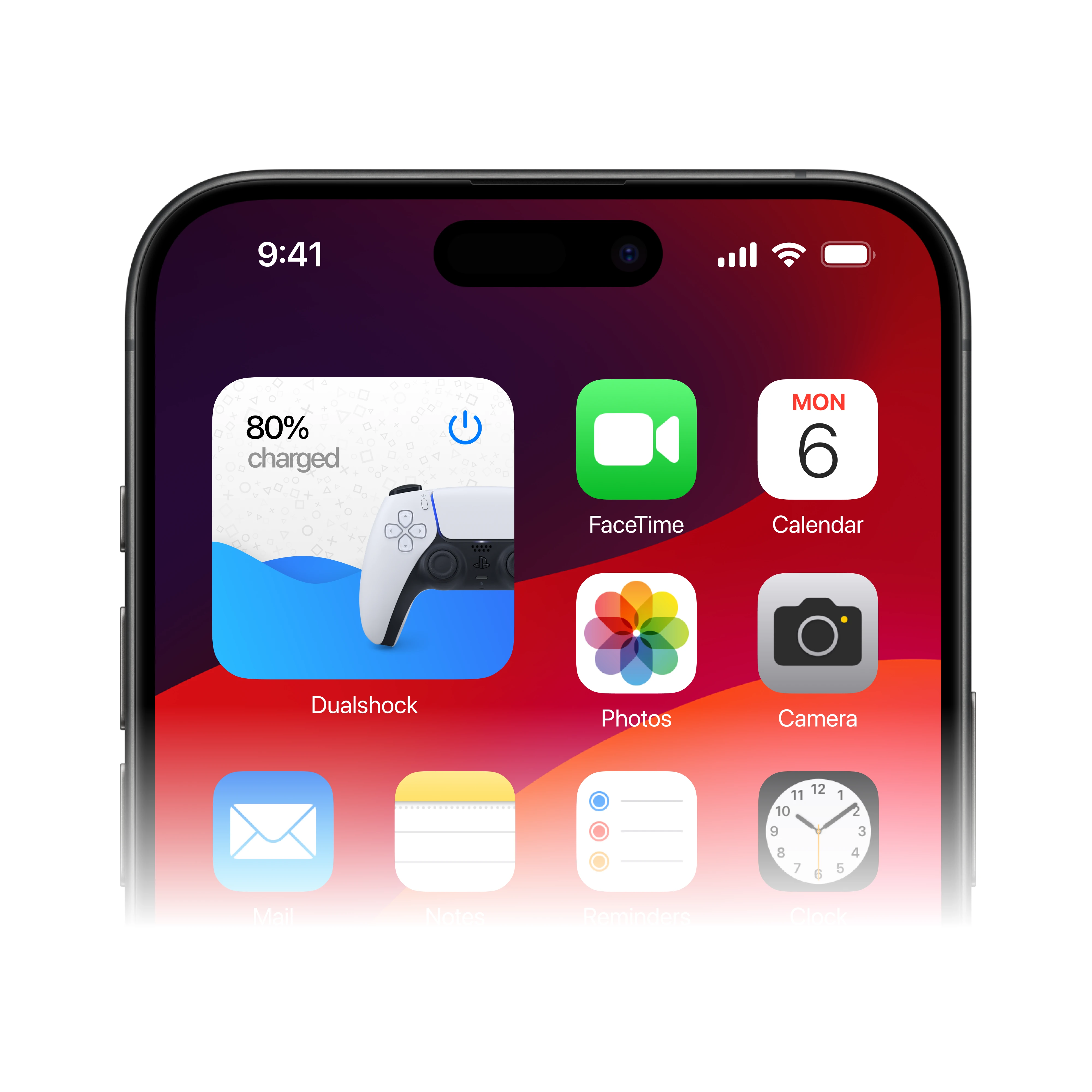 Home screen widget showing a game controller at 80% charge, among the phone’s app icons