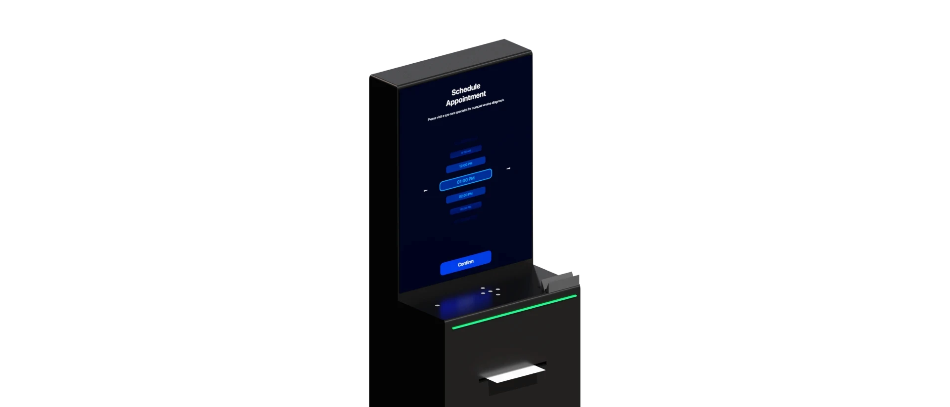 Eye Care Connect kiosk with an appointment scheduling screen, card reader and report tray