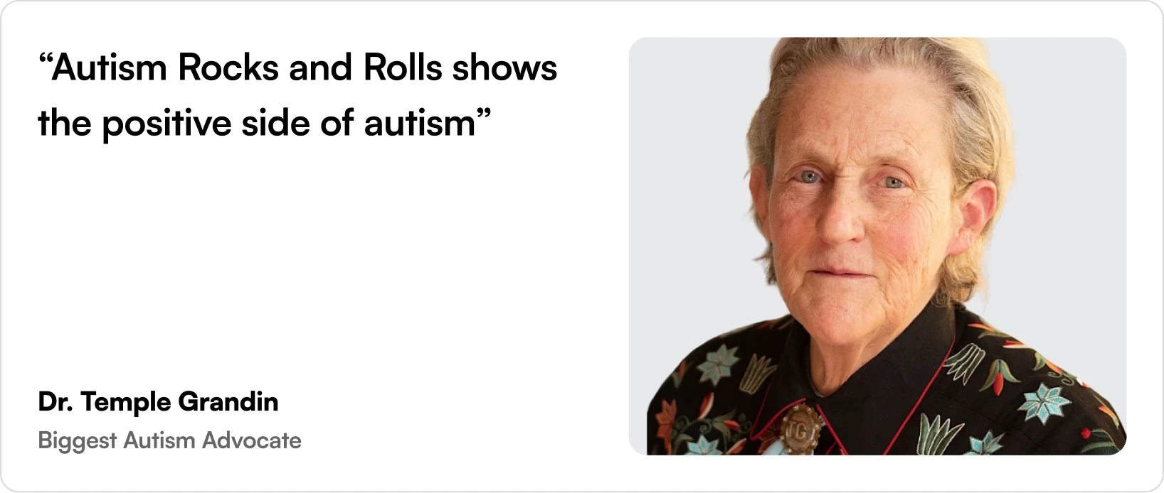 Highlighted testimonial: a large pull quote beside an autism advocate's portrait