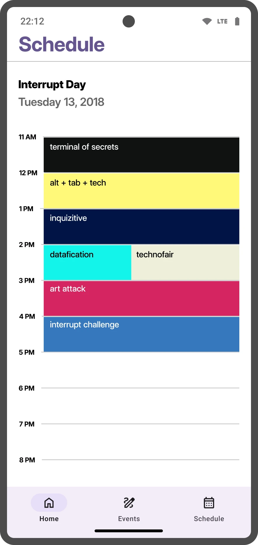 Interrupt Day schedule with color-coded event blocks through the day