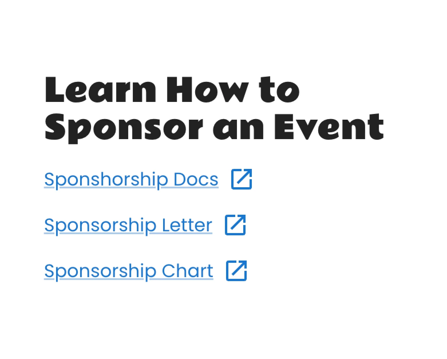 Event sponsorship resources as three underlined blue text links