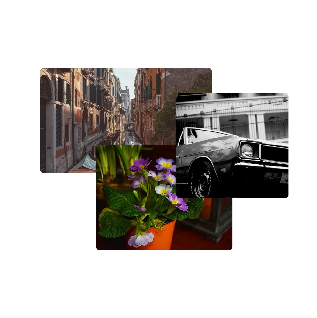 Collage of graded photos: a narrow old-town street, a black-and-white vintage car and potted flowers